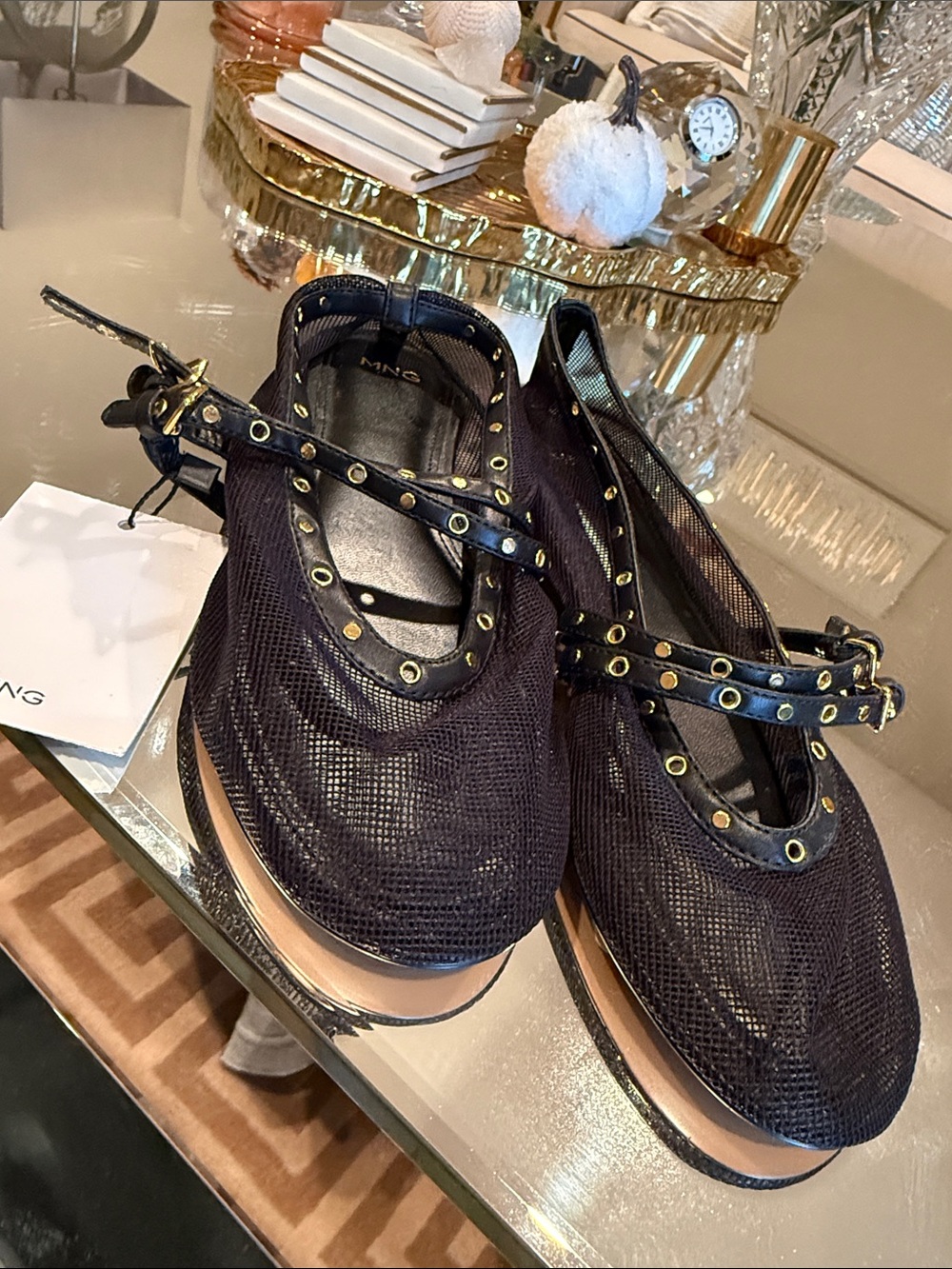 Mango Black Mesh Mary Jane Flats with Studded Ankle Strap